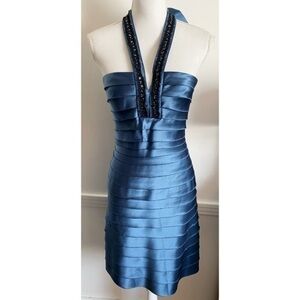 BCBGMaxAzria • Blue Tiered Beaded Neckline Cocktail Dress